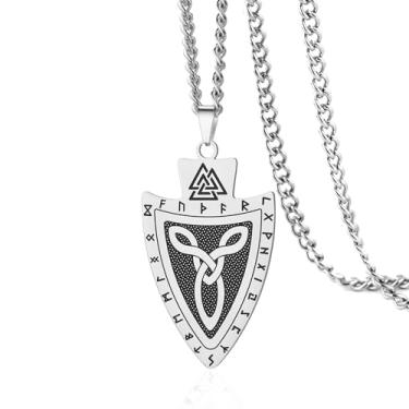 Imagem de VASSAGO Colar Viking de aço inoxidável, pingente de escudo Valknut com runas nórdicas e nó celta mitologia nórdica, joia de amuleto para homens e mulheres, Adjustable, Aço inoxidável, Sem Pedra