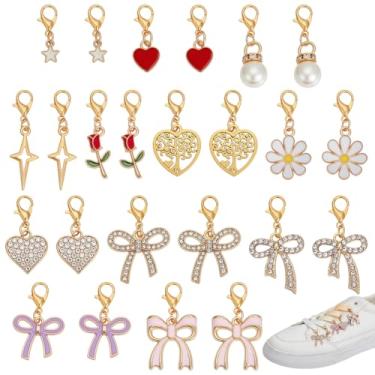 Imagem de PH PandaHall 48 peças de pingentes de sapatos para tênis, pingentes de decoração de sapatos dourados, 12 estilos laço flor coração sapato pingente de renda para tênis, sapatos de lona, botas