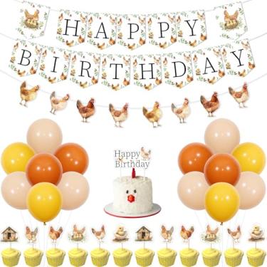 Imagem de JOYMEMO Decorações de festa de aniversário de frango – faixa de feliz aniversário de frango com enfeite de cupcake, balões de látex de guirlanda de frango para tema de animais de fazenda, artigos de