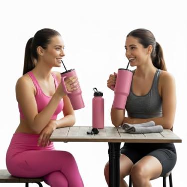 Imagem de COPO TÉRMICO 710 ML COM TAMPA E CANUDO COM TAMPA AÇO INOX ISOLAMENTO DUPLO GARRAFA (FUTURE EXPECTATION) ACADEMIA, VIAGEM, CAMINHADA, CARRO, LIVRE DE BPA COR ROSA CHÁ