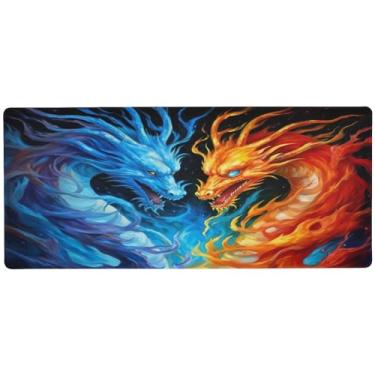 Imagem de Wassud Mouse pad de dragão de fogo e dragão azul para jogos com base de borracha antiderrapante, mouse pad longo para teclado de computador com borda costurada, almofada grande à prova d'água para