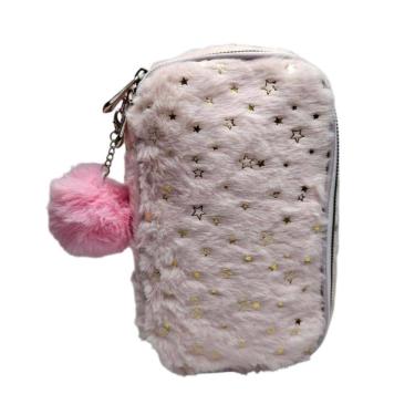 Imagem de Estojo Box Pelúcia Grande Fofo Escolar Necessaire Maquiagem Leve Colorida Divisórias Lápis Aula