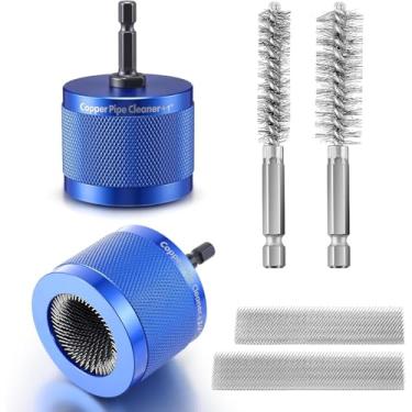 Imagem de O conjunto de limpador de tubos de cobre para broca inclui escovas externas de aço inoxidável, escovas de limpeza de tubo interno, ferramentas de encanamento de substituição (6 peças, 1/5.1 cm, 3/10.2