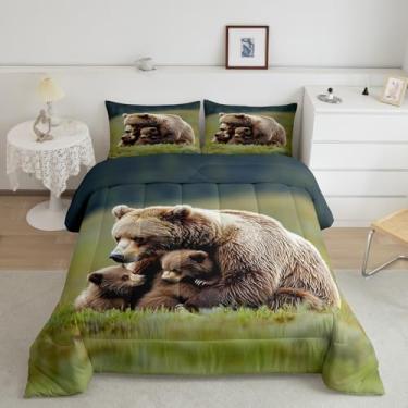 Imagem de Erosebridal Conjunto de edredom Queen com urso pardo, família de ursos pardos, rústico, animais do campo, decoração leve, 2 fronhas