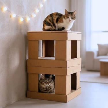 Imagem de Casa para Gato Torre KUBO Kartona em Papelão com Arranhador e Almofada – Toca Expansível – Kit com 2 Unidades