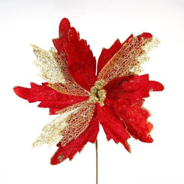 Imagem de Kit 12 Flor Decoração Natal Artificial Brilho Vermelha 29cm