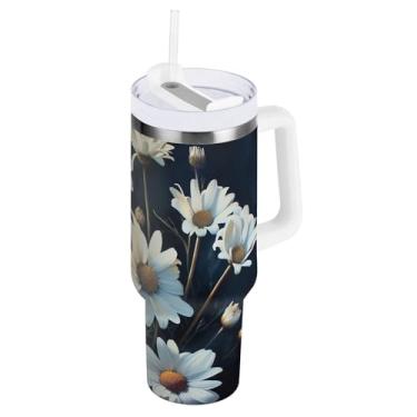 Imagem de ODAWA Copos de aço inoxidável isolados margaridas com canudo e alça, copo grande isolado