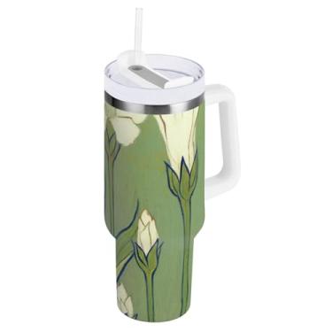 Imagem de ODAWA Copo grande à prova de derramamento com palha, flores brancas, verde, isolado a vácuo com alça e tampa de canudo