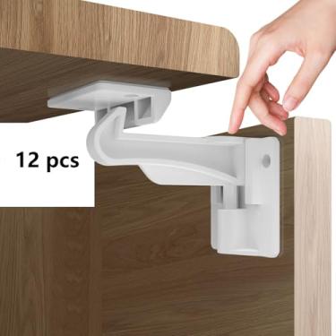 Imagem de 12 Peças de Trava Infantil Gaveta Invisível Protetora para Bebê Porta Armário com Design Gancho Braço Aplicação Multidirecional Área Adesivo Maior Adesividade Mais Forte Cozinha Banheiro Quarto