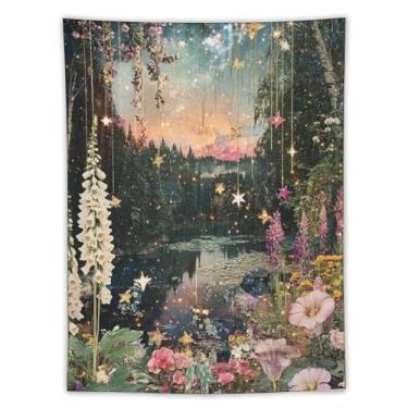 Imagem de Tapeçaria de parede extravagante floresta estrelada lago pendurado glitter galáxia noite cogumelos flores silvestres cottagecore decoração de sonho para quarto dormitório leitura recanto decoração