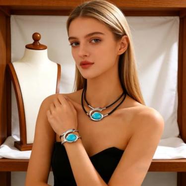 Imagem de Conjunto de joias femininas turquesa com colar duplo boêmio, pingente vintage grosso e pulseira ajustável, 16Inch,7Inch, Ferro, Sem Pedra Preciosa