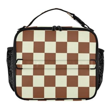 Imagem de Joisal Lancheira quadrada marrom quadriculada branca para meninas mulheres lancheira infantil masculina lancheira para trabalho bolsa térmica portátil isolada com alça de ombro ajustável