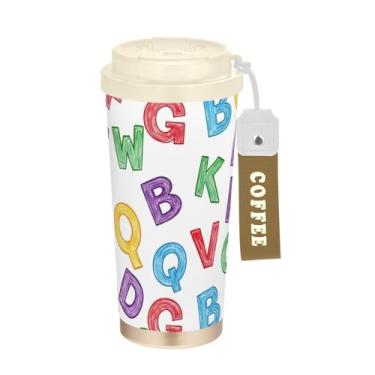 Imagem de TSENQUE Caneca de café de viagem 16+ Oz, copo de café com revestimento cerâmico com canudo e tampa, copo isolado a vácuo de aço inoxidável, alfabeto colorido branco