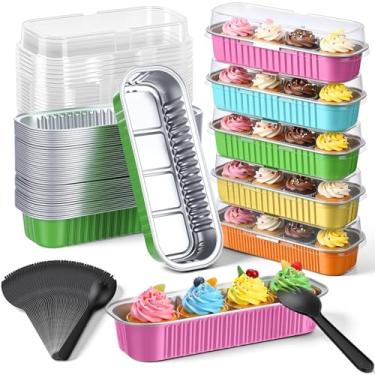 Imagem de Blushtier 150 peças de mini formas de pão com tampas e colheres 193 g formas retangulares de folha de alumínio para assar, recipientes para pão e sobremesas (cor pastel)