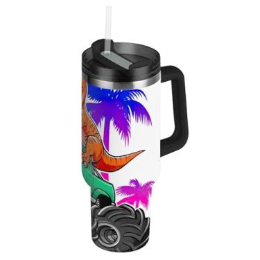 Imagem de Copos de aço inoxidável com tampas e canudos desenho animado dinossauro caminhão monstro copo para rosa quente e frio copo de 850 g com alça garrafas de água isoladas