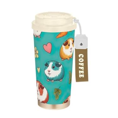 Imagem de TSENQUE Cobaias fofas azul-petróleo, copo de café de 473 ml com canudo e tampa de filp, copos de parede dupla isolados a vácuo com revestimento cerâmico para escola, escritório, festa, acampamento