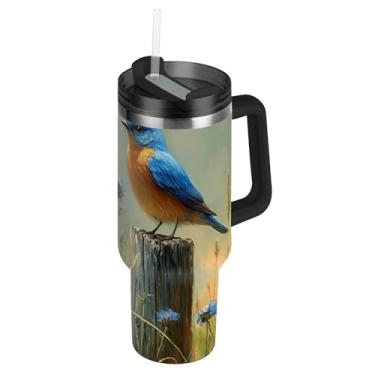 Imagem de Bluebirds Copos florais de madeira com tampa e canudo rosa fofo copo de 850 g com alça garrafa de água isolada aço inoxidável caneca de café quente para carro
