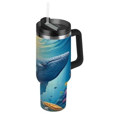Imagem de Copos de baleia azul com tampa e canudos de cena subaquática copo rosa de 850 g com alça garrafas de água isoladas de aço inoxidável caneca de café quente para carro
