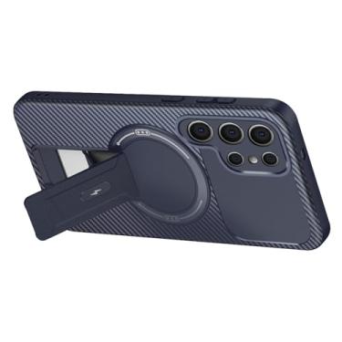 Imagem de LTLMYDAM Capa fina para Samsung Galaxy S25 Ultra/S25 Plus/S25, textura de fibra de carbono, capa magnética com suporte ajustável, proteção contra choque, azul, S25 Plus