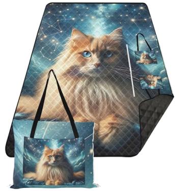 Imagem de TSENQUE Cute Cat Space Cute Picnic Essentials Cobertor de praia impermeável dobrável à prova de areia cobertor externo tapete de acampamento 203 x 152 cm