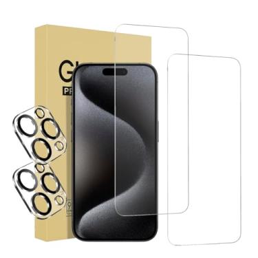 Imagem de Pacote com 2 protetores de tela para iPhone 15 Pro Max [6,7 polegadas] + 2 protetores de lente de câmera, proteção de sensor, compatível com ilha dinâmica, película de vidro temperado compatível com