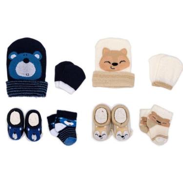 Imagem de 2 Conjuntos Bebê Recém-Nascido Touca Luva Meia e Pantufa Enxoval Menin