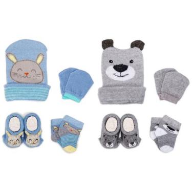 Imagem de 2 Conjuntos Bebê Recém-Nascido Touca Luva Meia e Pantufa Enxoval Menin