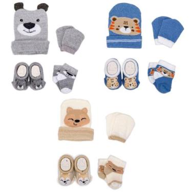 Imagem de Kit 3 Toucas Meias Luvas e Pantufas Bebê Recém Nascido Menino Saída Ma