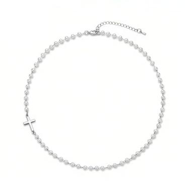 Imagem de Colar de pérolas laterais com pingente de cruz para mulheres, 18 Inches, Pérolas sintéticas Liga metálica Contas de vidro, Sem Pedra Preciosa