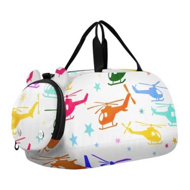 Imagem de Bolsas de viagem com flores amarelas e azuis claras, para viagem e fim de semana, bolsa esportiva para meninos e danças, Helicóptero colorido com estrelas brancas, Clássico