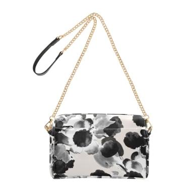 Imagem de Joitme Bolsa feminina transversal em aquarela floral preta branca para celular bolsa de ombro de couro PU alça de corrente
