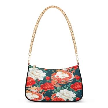 Imagem de Bolsa de ombro com corrente de ombro com dragão chinês vermelho e peônias brancas, bolsa feminina Hobo, bolsa clutch elegante para uso diário e noturno