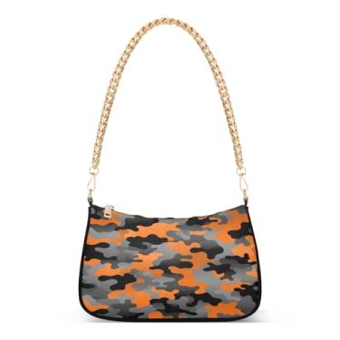 Imagem de Bolsa de ombro com corrente laranja preta camuflada abstrata, bolsa feminina Hobo com grande capacidade e zíper suave