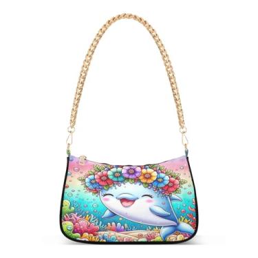Imagem de Linda bolsa de ombro com corrente colorida de desenho de golfinho, bolsa feminina Hobo para todos os dias, festas, noite, bolsa média com estampa artística
