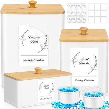 Imagem de Vesici 3 peças de recipiente de metal para lavanderia e suporte de folha de secadora hermético organizador de lavanderia com etiqueta de colher de tampa para dispensador de detergente em pó secador