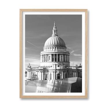 Imagem de HesenDot Arte de parede da cidade da Catedral de São Paulo, 30,5 x 40,6 cm, impressão em tela britânica preta e branca, moldura de carvalho, pôster de paisagem urbana do Reino Unido, sala de estar