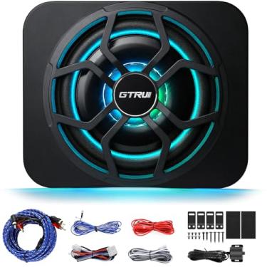 Imagem de gtrui Gabinete de subwoofer automotivo amplificado de 25,4 cm, 800 watts, perfil baixo sob o assento para sistema de áudio de carro/caminhão, com luz ambiente RGB GT-101