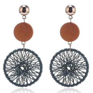 Imagem de Brinco longo geométrico boho para mulheres, vintage, de madeira, com trama de palha de vime, Medium, Metal, Sem pedra preciosa