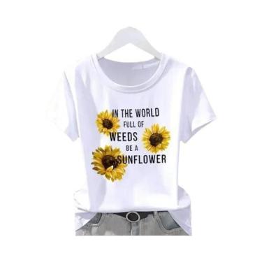 Imagem de Camiseta Gráfica Casual Oversized Feminina Com Estampa Floral, Manga C