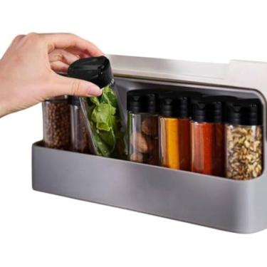 Imagem de Conjunto Porta Condimentos 6 Unidades com Suporte Autoadesivo – Organizador de Temperos Preto para Cozinha, 6 Potes / 1 Suporte