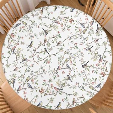 Imagem de Toalha de mesa redonda de primavera com elástico para mesas de 111 a 122 cm, estampa floral de galhos, estampa de galhos, verão, impermeável, tema sazonal, casa de fazenda, ambientes internos e