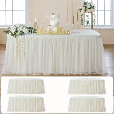 Imagem de leegleri Pacote com 4 toalhas de mesa de tule marfim de 1,8 m para mesas retangulares, capas de mesa creme 2 em 1 com saia de tule, toalhas de mesa de tule elásticas sem rugas, adequadas para festas