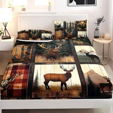 Imagem de AILONEN Jogo de lençol Queen para decoração de quarto de crianças, meninos e adolescentes, temática de floresta, casa de fazenda rústica, com 2 fronhas, 3 peças, microfibra macia para todas as