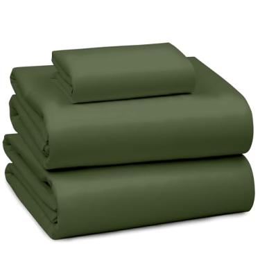Imagem de RUVANTI Jogo de cama solteiro 100% algodão - 300 fios de cetim macio sedoso, refrescante, leve e respirável, bolso profundo de 41 cm, durável e luxuoso, 3 peças, verde rifle