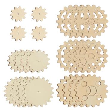 Imagem de OLYCRAFT Conjunto de engrenagens de madeira com 6 estilos, 24 peças, recortes de engrenagens de madeira natural, steampunk, roda de fatias em branco inacabada para projetos faça você mesmo, artesanato