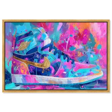 Imagem de Tênis colorido e ousado pintado em tela arte de parede por Art Remedy, moldura dourada, 38 x 25 cm