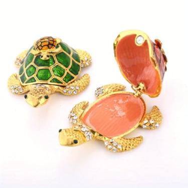 Imagem de 1 peça caixa de bugigangas de tartaruga com cristais esmaltada com dobradiça mãe e filho tartaruga animal estatueta porta-joias caixa de suporte de anel decoração de casa (laranja)