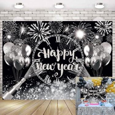 Imagem de Pano de fundo preto prata feliz ano novo 2026 Ano Novo pano de fundo para festa de ano novo contagem regressiva anual suprimentos de festa de fogos de artifício glitter pontos Cheers to Family Party