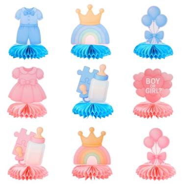 Imagem de Conjunto 9 Peças de Decoração de Mesa para Chá Revelação, Centros Mesa em Formato Favo Mel Menino ou Menina Anúncio Gravidez Artigos para Festa Chá Bebê Unissex (Azul, Rosa)