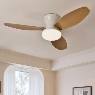 Imagem de Ventilador de teto com luz, controle remoto, 3 pás, 6 velocidades, reversível, com 3 temperaturas de cor e intensidade ajustável, ideal para quarto, 91 cm (36 polegadas), cor madeira natural